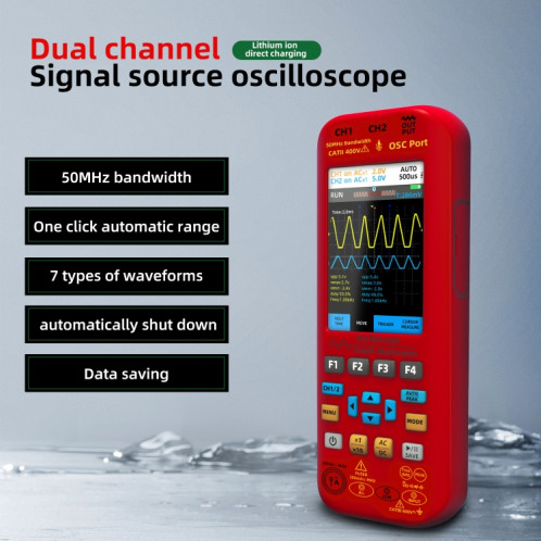 Oscilloscope numérique portatif à double canal BSIDE O9 50 MHz, source de signal multimètre, spécifications : avec sonde d'oscilloscope double (rouge) SB7302517-016